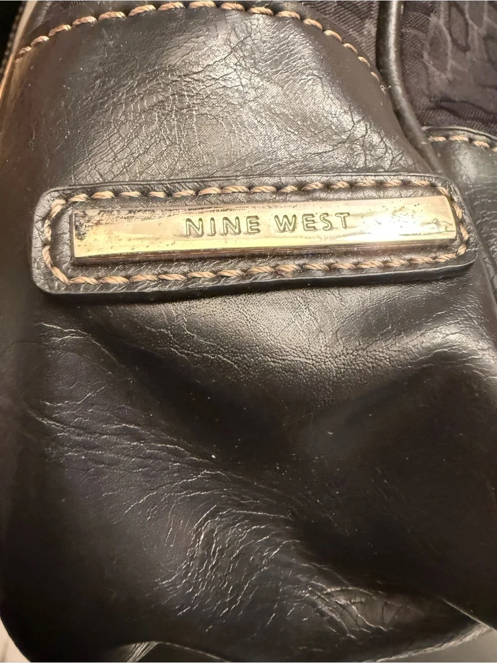 Vintage Nine West Black Leather Tote with Branded Metal Plate